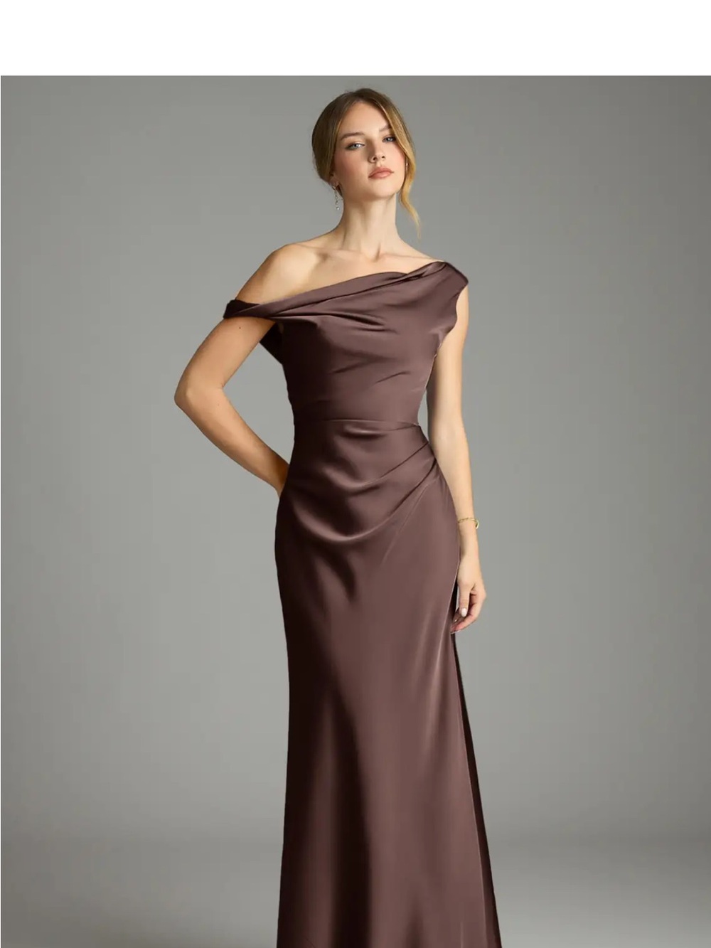 Azazie One-Shoulder Satin Gown in Ganache stretch satin